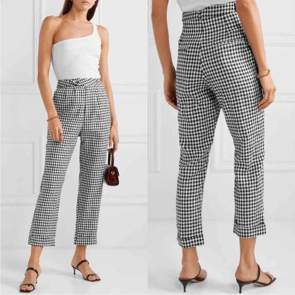 NWT Reformation Tanner April Black White Checkered 100% Linen Pant Size 4
